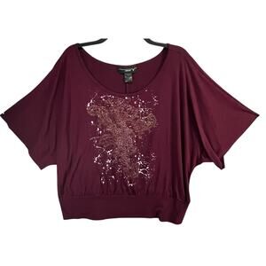 Venezia Y2K Top Women 14-16 Burgundy Abstract Glittler Splatter Cross Whimsygoth